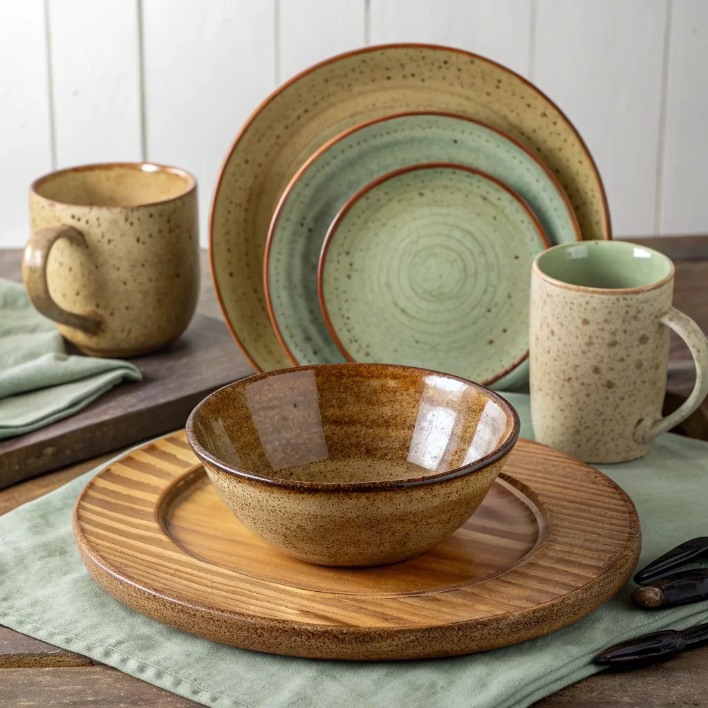 Rustic style dinnerware in earthy tones